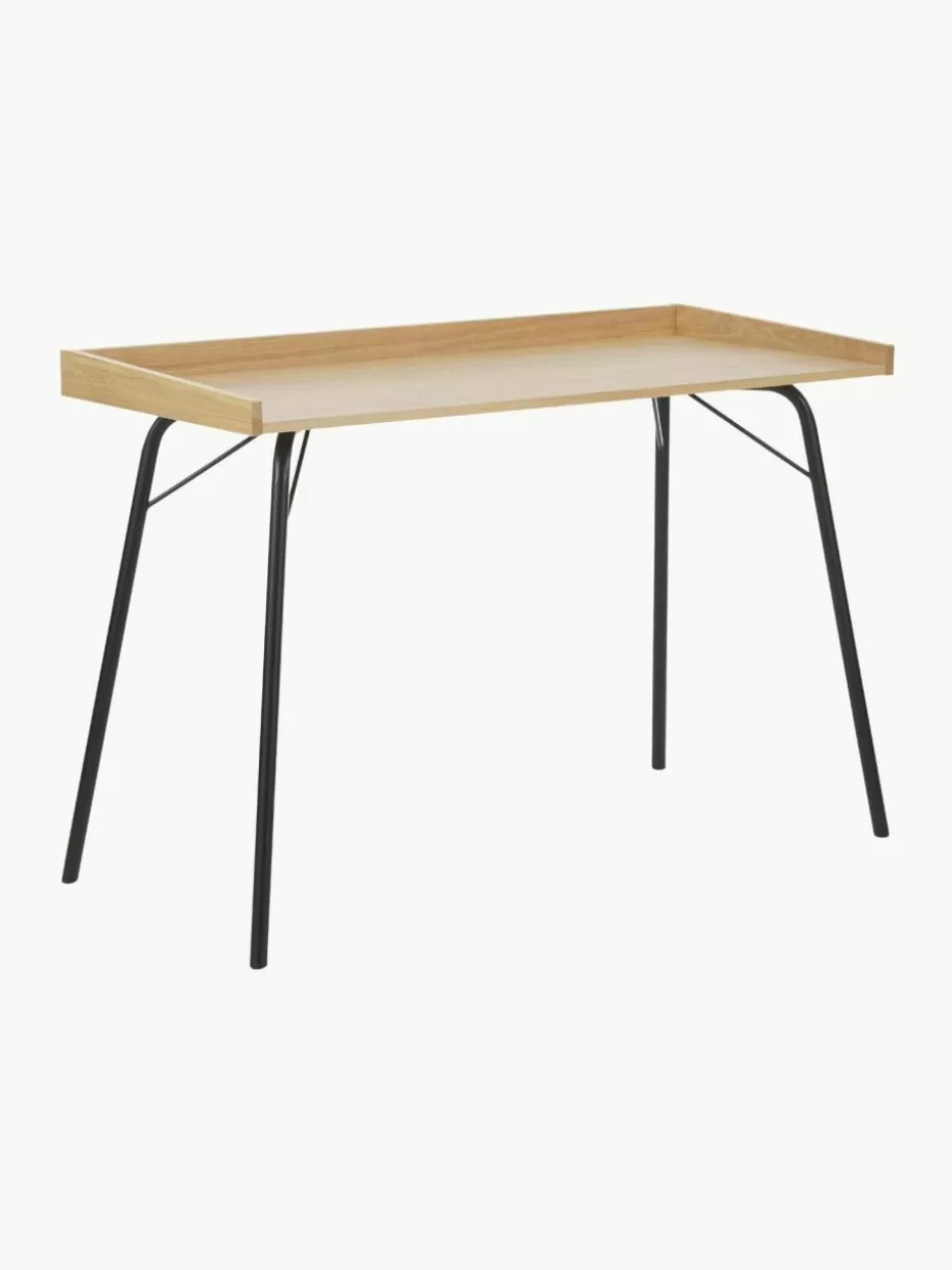 Schreibtische-Westwing Schreibtisch Rayburn mit Eichenholzfurnier Holz, hell, Schwarz