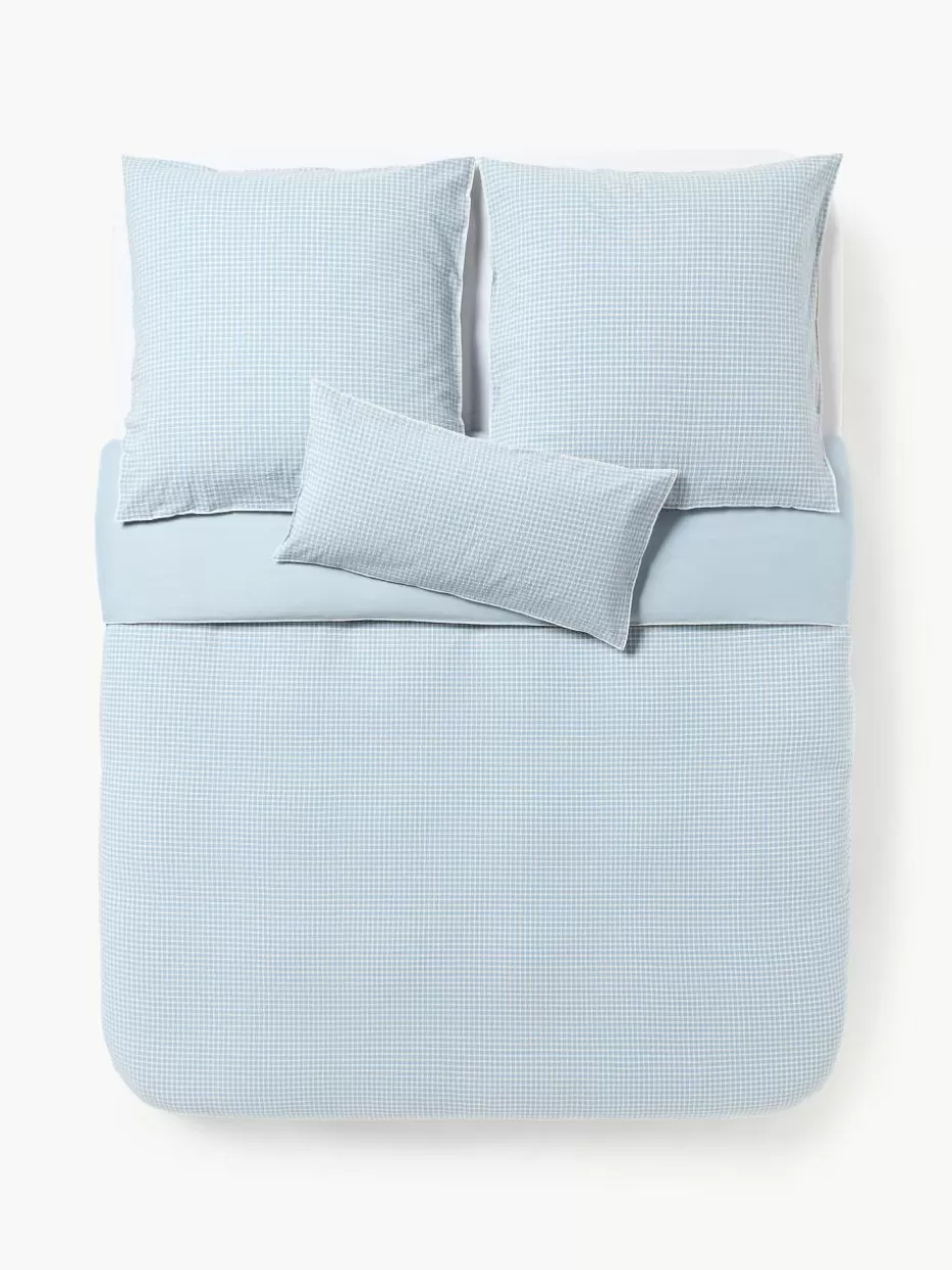 Bettwäsche-Westwing Collection Seersucker-Bettdeckenbezug Davey Hellblau, Weiß