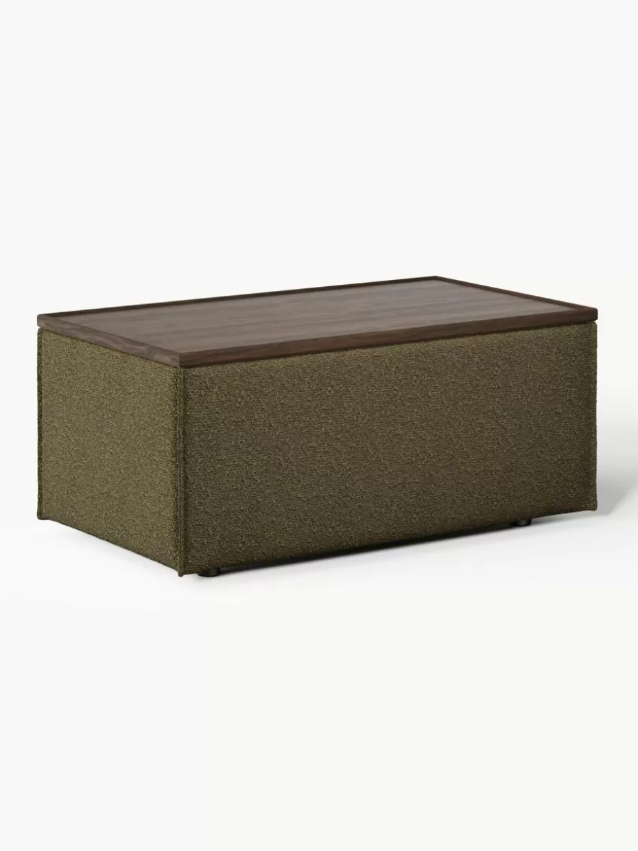 Hocker | Sofaserien-Westwing Collection Sofa-Hocker Lennon aus Bouclé mit Stauraum Bouclé Olivgrün, dunkles Eichenholz