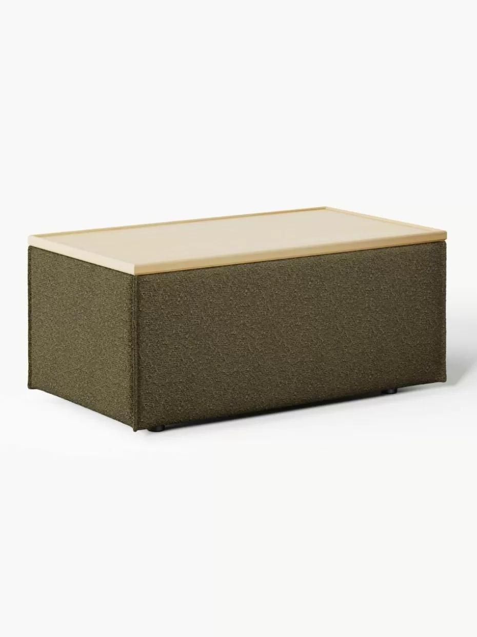 Hocker | Sofaserien-Westwing Collection Sofa-Hocker Lennon aus Bouclé mit Stauraum Bouclé Olivgrün, helles Eichenholz