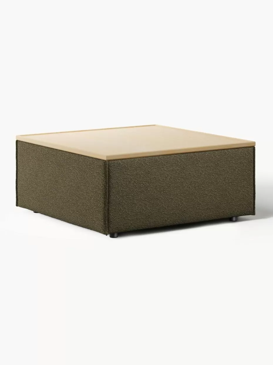 Hocker | Sofaserien-Westwing Collection Sofa-Hocker Lennon aus Bouclé mit Stauraum Bouclé Olivgrün, helles Eichenholz