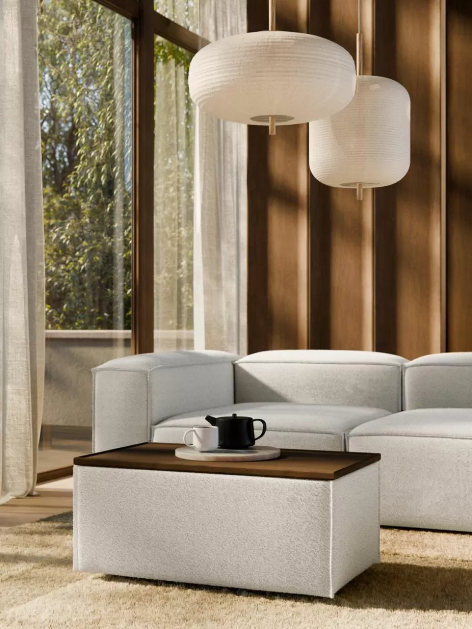 Hocker | Sofaserien-Westwing Collection Sofa-Hocker Lennon aus Bouclé mit Stauraum Bouclé Off White, dunkles Eichenholz