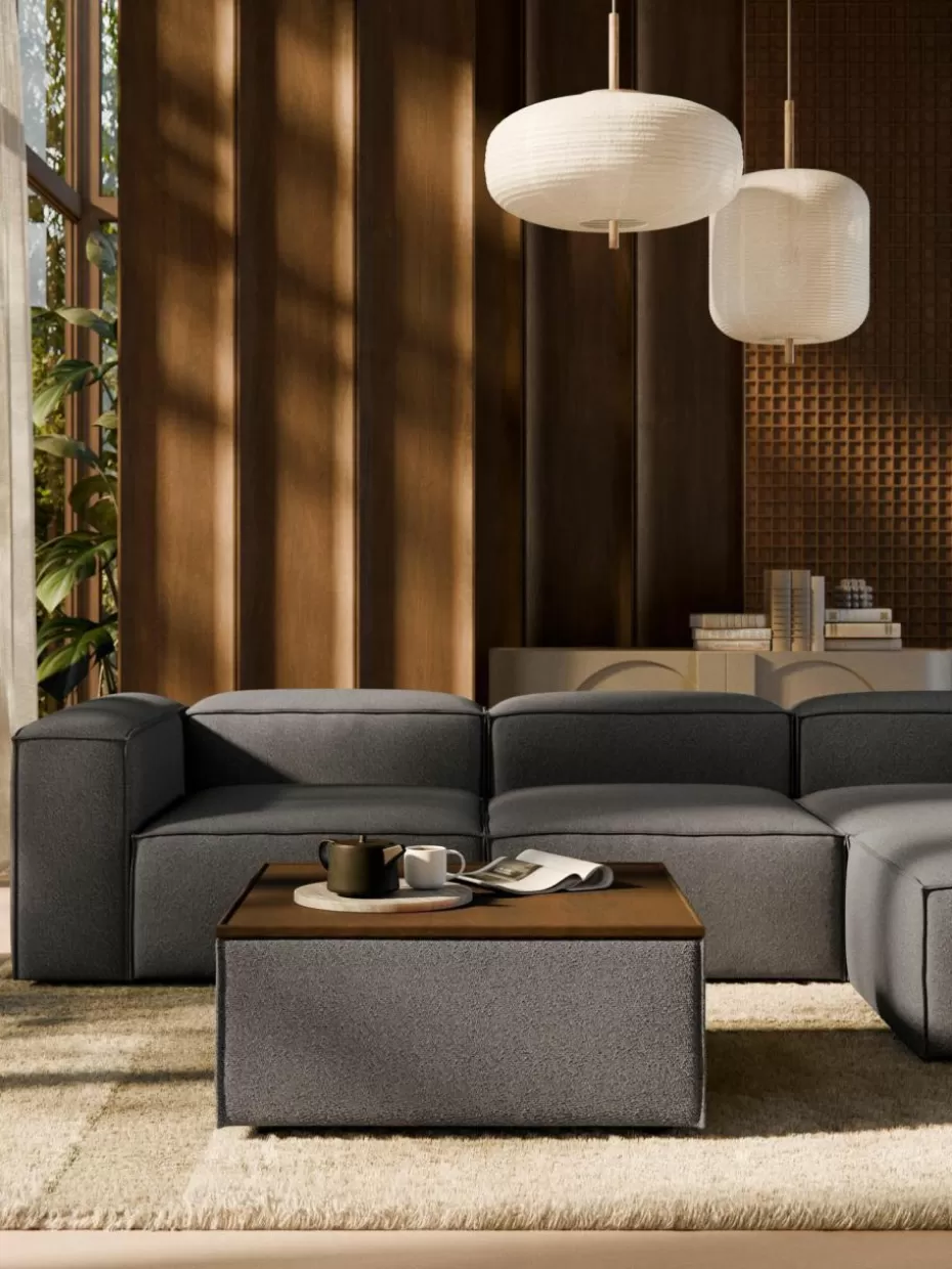 Hocker | Sofaserien-Westwing Collection Sofa-Hocker Lennon aus Bouclé mit Stauraum Bouclé Greige, dunkles Eichenholz