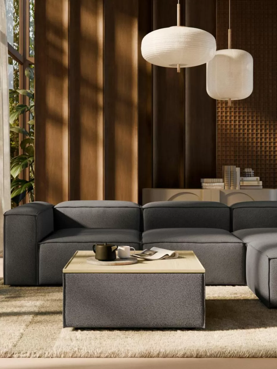 Hocker | Sofaserien-Westwing Collection Sofa-Hocker Lennon aus Bouclé mit Stauraum Bouclé Greige, helles Eichenholz