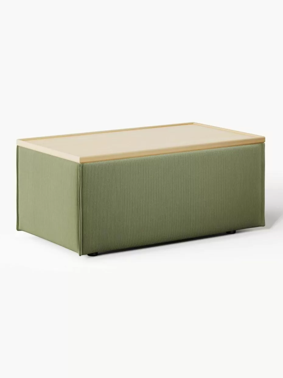 Hocker | Sofaserien-Westwing Collection Sofa-Hocker Lennon aus Cord mit Stauraum Cord Olivgrün, helles Eichenholz