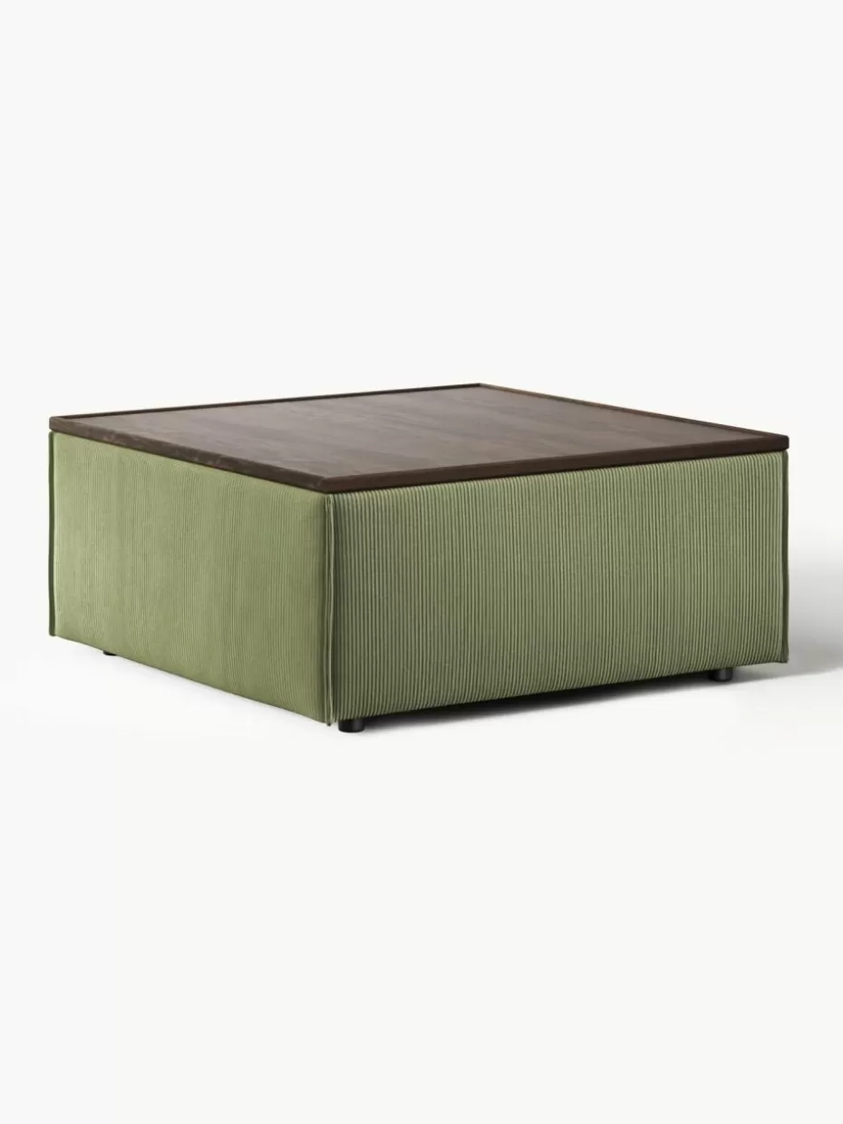 Hocker | Sofaserien-Westwing Collection Sofa-Hocker Lennon aus Cord mit Stauraum Cord Olivgrün, dunkles Eichenholz