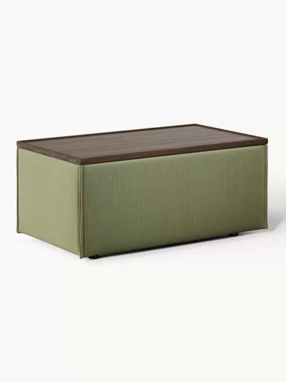 Hocker | Sofaserien-Westwing Collection Sofa-Hocker Lennon aus Cord mit Stauraum Cord Olivgrün, dunkles Eichenholz