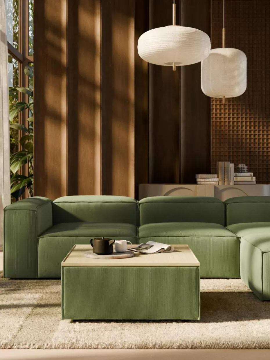 Hocker | Sofaserien-Westwing Collection Sofa-Hocker Lennon aus Cord mit Stauraum Cord Olivgrün, helles Eichenholz