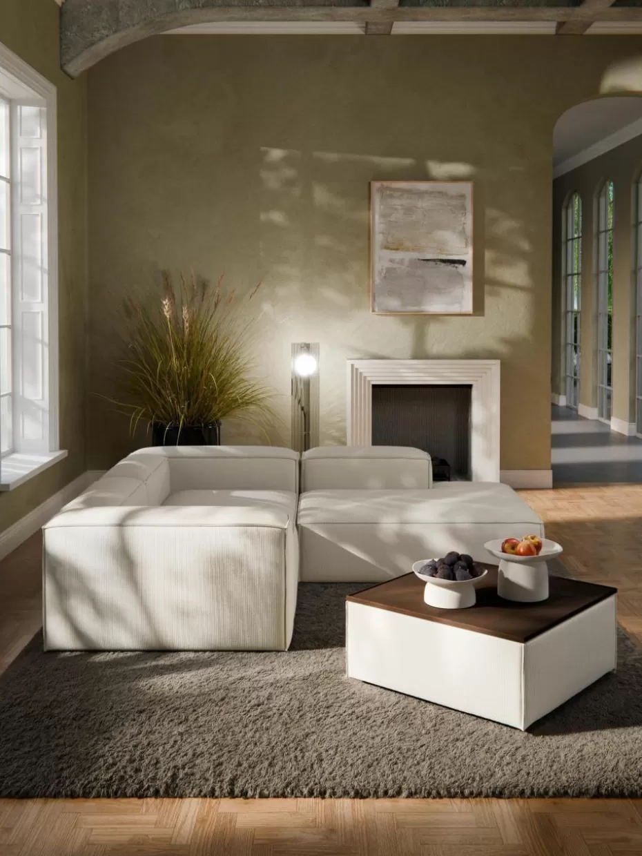 Hocker | Sofaserien-Westwing Collection Sofa-Hocker Lennon aus Cord mit Stauraum Cord Hellbeige, dunkles Eichenholz