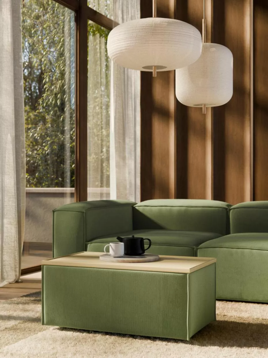 Hocker | Sofaserien-Westwing Collection Sofa-Hocker Lennon aus Cord mit Stauraum Cord Olivgrün, helles Eichenholz