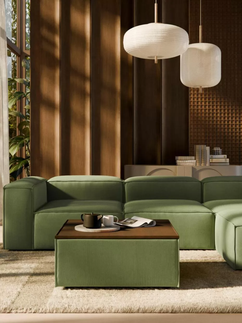 Hocker | Sofaserien-Westwing Collection Sofa-Hocker Lennon aus Cord mit Stauraum Cord Olivgrün, dunkles Eichenholz