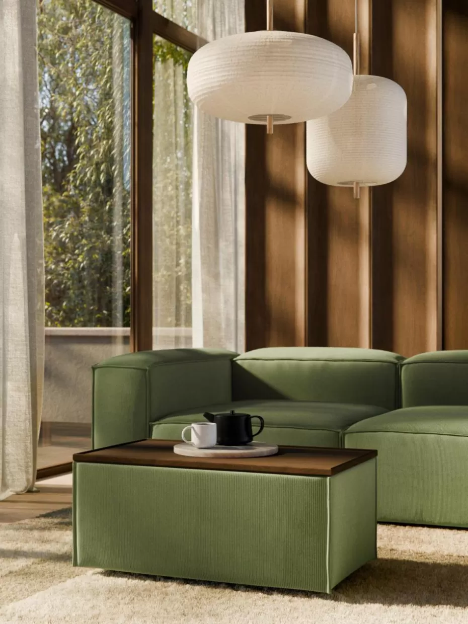 Hocker | Sofaserien-Westwing Collection Sofa-Hocker Lennon aus Cord mit Stauraum Cord Olivgrün, dunkles Eichenholz