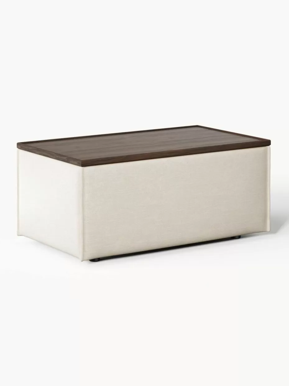 Hocker | Sofaserien-Westwing Collection Sofa-Hocker Lennon aus Leinen-Mix mit Stauraum Leinen-Mix Beige, dunkles Eichenholz