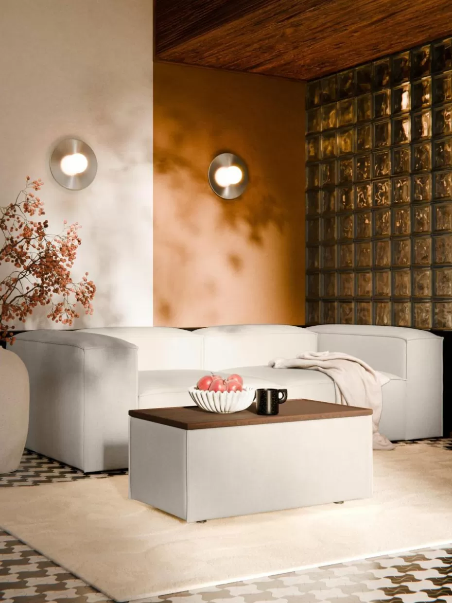 Hocker | Sofaserien-Westwing Collection Sofa-Hocker Lennon aus Leinen-Mix mit Stauraum Leinen-Mix Beige, dunkles Eichenholz