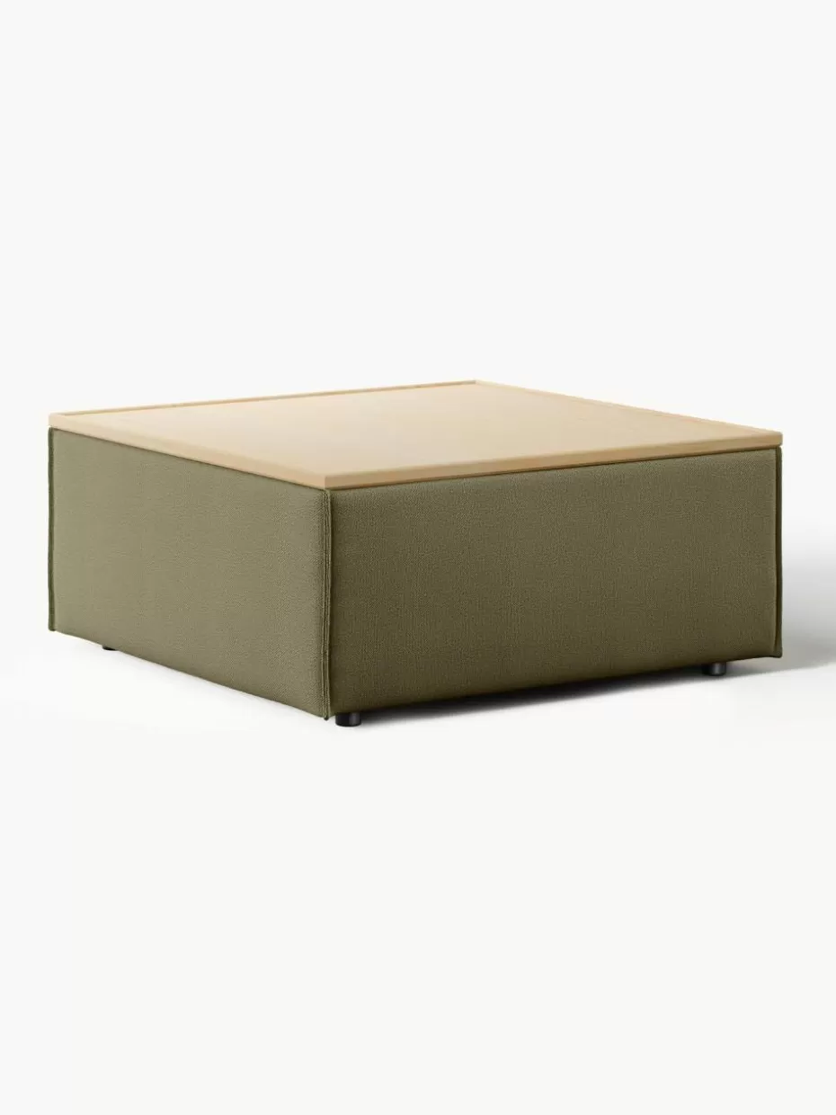 Hocker | Sofaserien-Westwing Collection Sofa-Hocker Lennon mit Stauraum Webstoff Olivgrün, helles Eichenholz