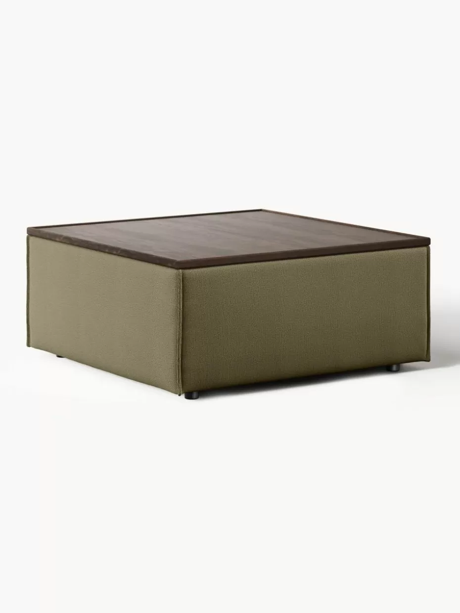 Hocker | Sofaserien-Westwing Collection Sofa-Hocker Lennon mit Stauraum Webstoff Olivgrün, dunkles Eichenholz