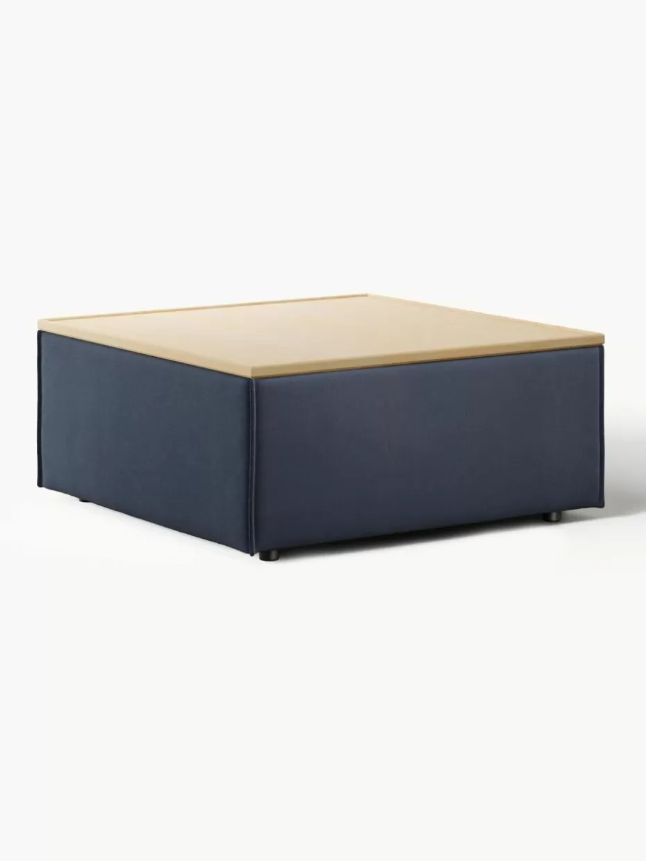 Hocker | Sofaserien-Westwing Collection Sofa-Hocker Lennon mit Stauraum Webstoff Dunkelblau, helles Eichenholz