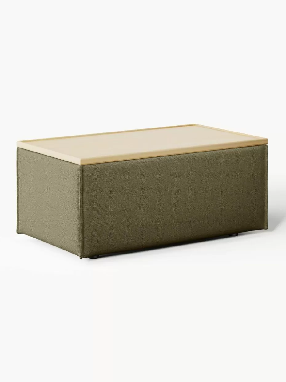 Hocker | Sofaserien-Westwing Collection Sofa-Hocker Lennon mit Stauraum Webstoff Olivgrün, helles Eichenholz