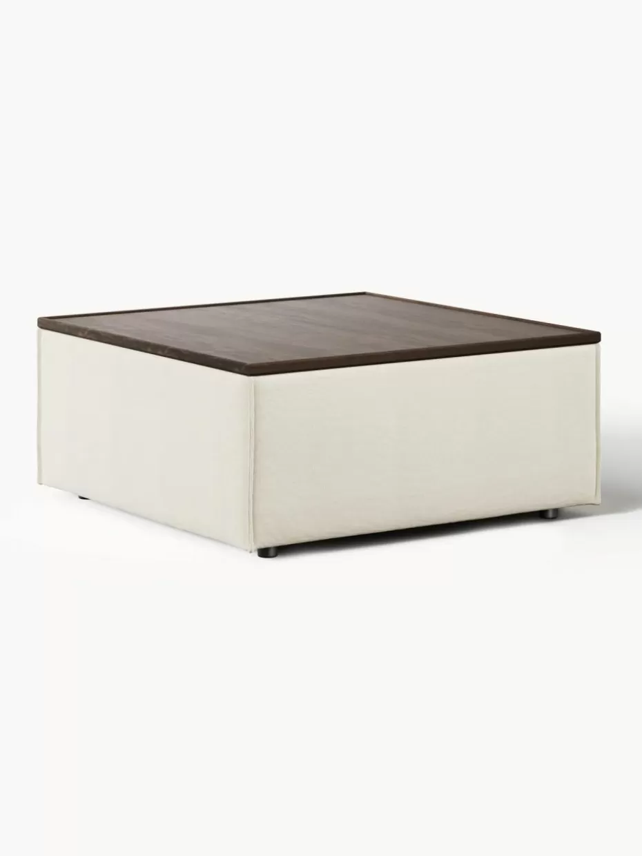Hocker | Sofaserien-Westwing Collection Sofa-Hocker Lennon mit Stauraum Webstoff Off White, dunkles Eichenholz