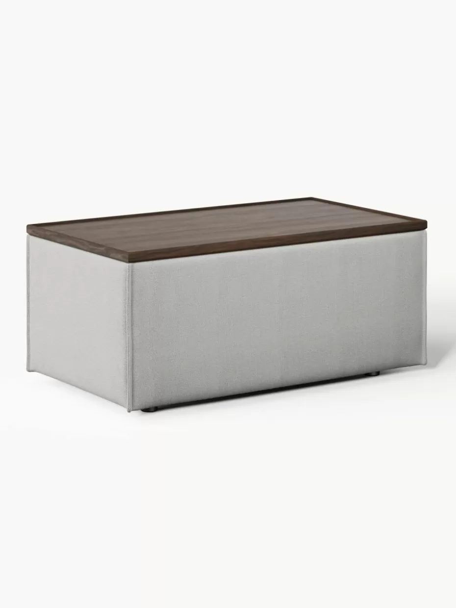 Hocker | Sofaserien-Westwing Collection Sofa-Hocker Lennon mit Stauraum Webstoff Grau, dunkles Eichenholz
