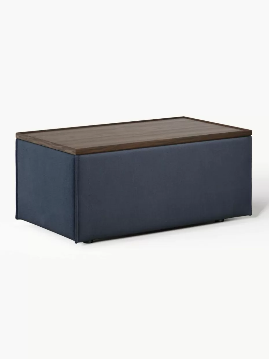 Hocker | Sofaserien-Westwing Collection Sofa-Hocker Lennon mit Stauraum Webstoff Dunkelblau, dunkles Eichenholz