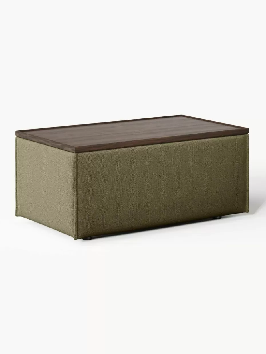 Hocker | Sofaserien-Westwing Collection Sofa-Hocker Lennon mit Stauraum Webstoff Olivgrün, dunkles Eichenholz