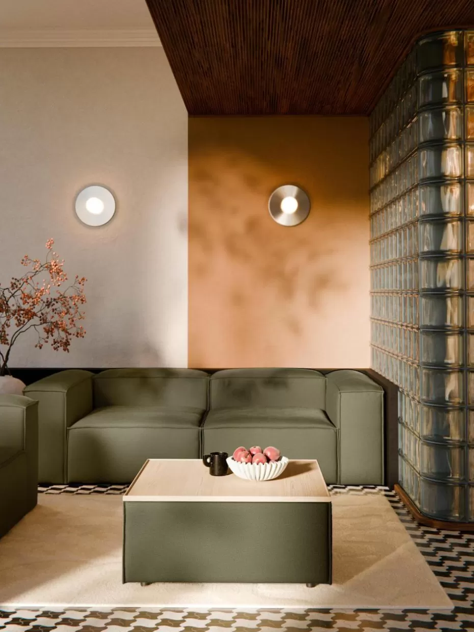 Hocker | Sofaserien-Westwing Collection Sofa-Hocker Lennon mit Stauraum Webstoff Olivgrün, helles Eichenholz