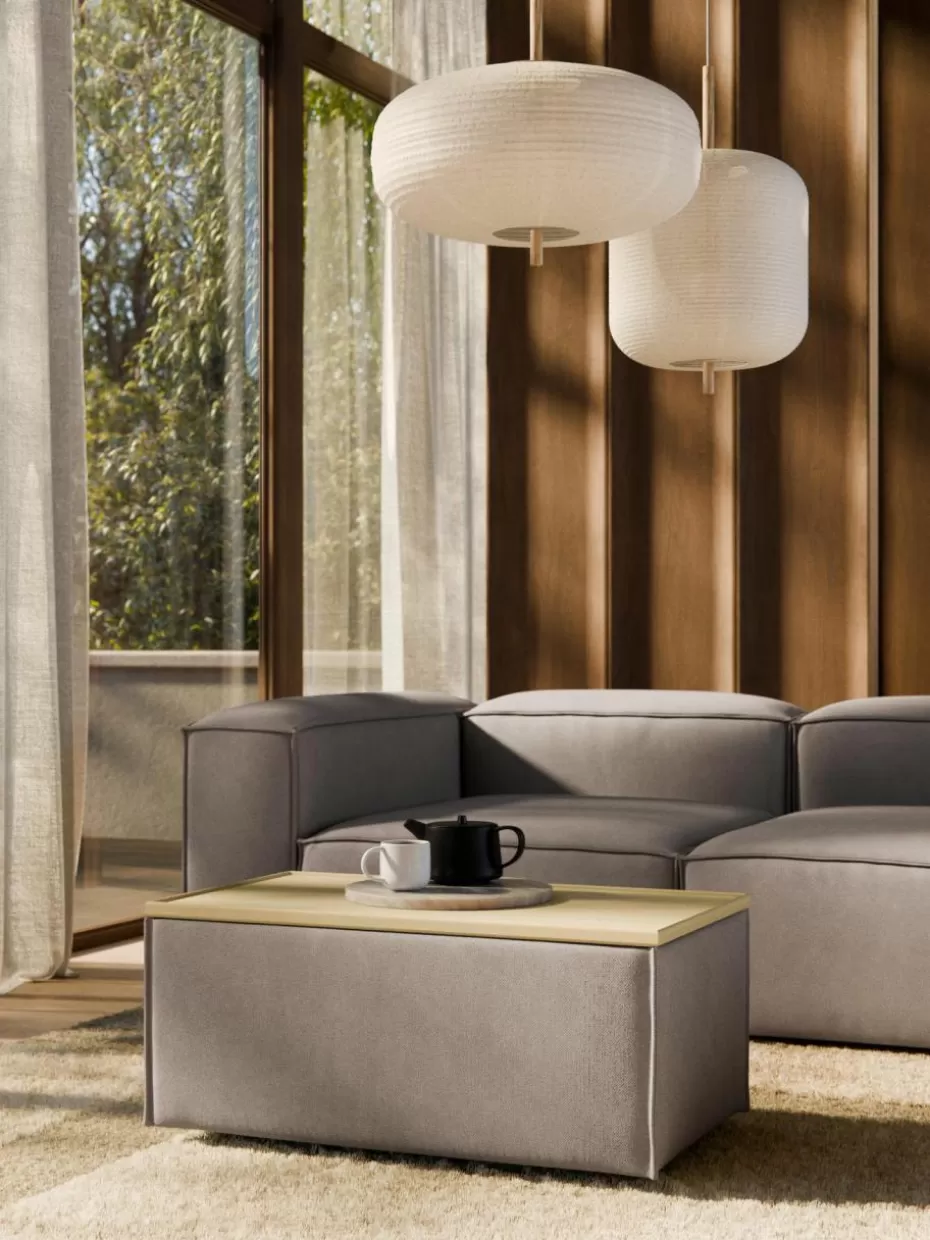 Hocker | Sofaserien-Westwing Collection Sofa-Hocker Lennon mit Stauraum Webstoff Taupe, helles Eichenholz