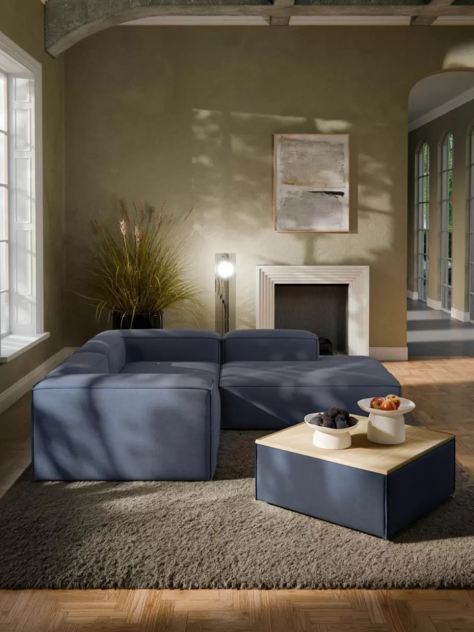 Hocker | Sofaserien-Westwing Collection Sofa-Hocker Lennon mit Stauraum Webstoff Dunkelblau, helles Eichenholz