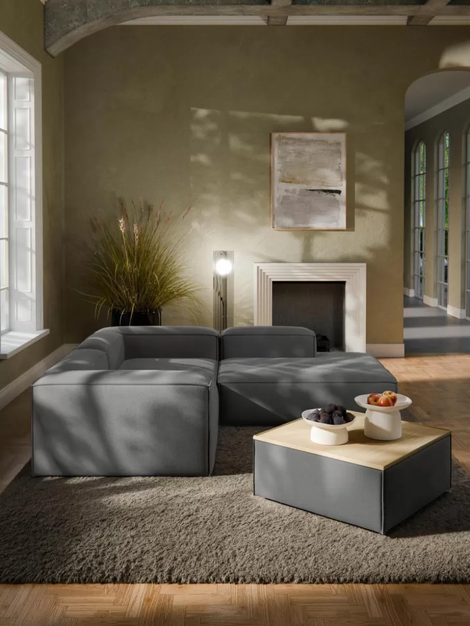 Hocker | Sofaserien-Westwing Collection Sofa-Hocker Lennon mit Stauraum Webstoff Anthrazit, helles Eichenholz