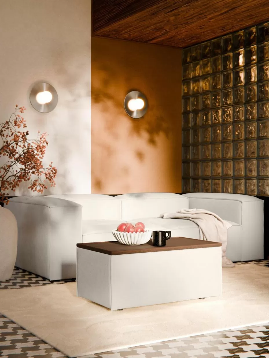 Hocker | Sofaserien-Westwing Collection Sofa-Hocker Lennon mit Stauraum Webstoff Off White, dunkles Eichenholz
