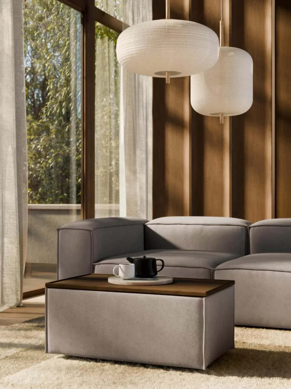 Hocker | Sofaserien-Westwing Collection Sofa-Hocker Lennon mit Stauraum Webstoff Taupe, dunkles Eichenholz
