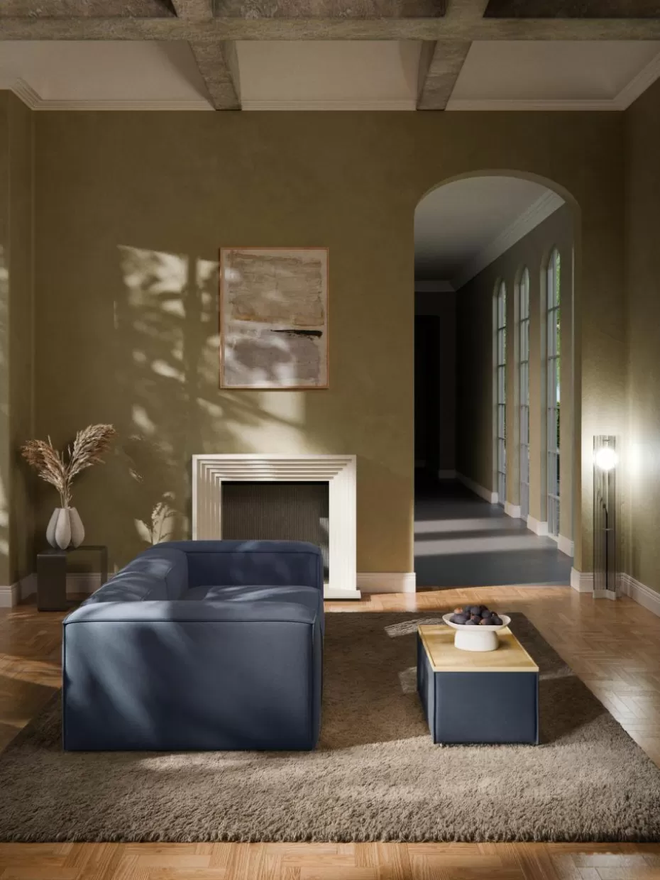 Hocker | Sofaserien-Westwing Collection Sofa-Hocker Lennon mit Stauraum Webstoff Dunkelblau, helles Eichenholz