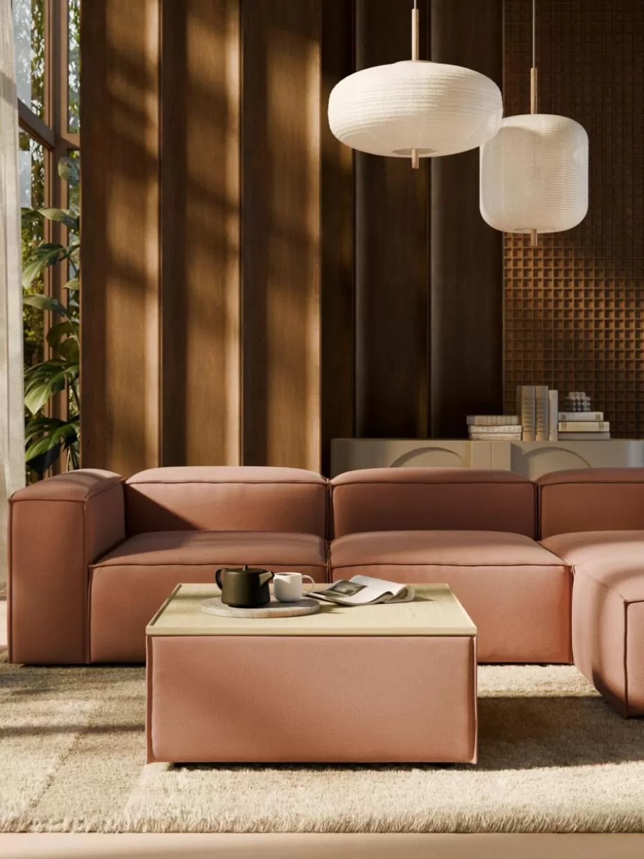 Hocker | Sofaserien-Westwing Collection Sofa-Hocker Lennon mit Stauraum Webstoff Terrakotta, helles Eichenholz