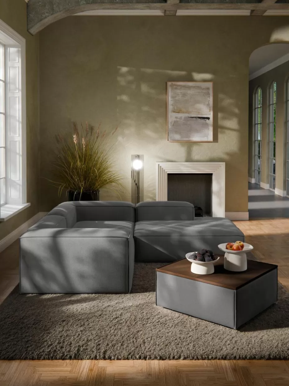 Hocker | Sofaserien-Westwing Collection Sofa-Hocker Lennon mit Stauraum Webstoff Anthrazit, dunkles Eichenholz
