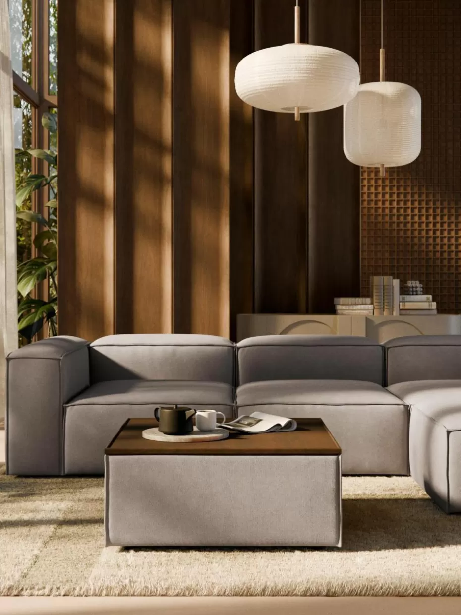 Hocker | Sofaserien-Westwing Collection Sofa-Hocker Lennon mit Stauraum Webstoff Taupe, dunkles Eichenholz