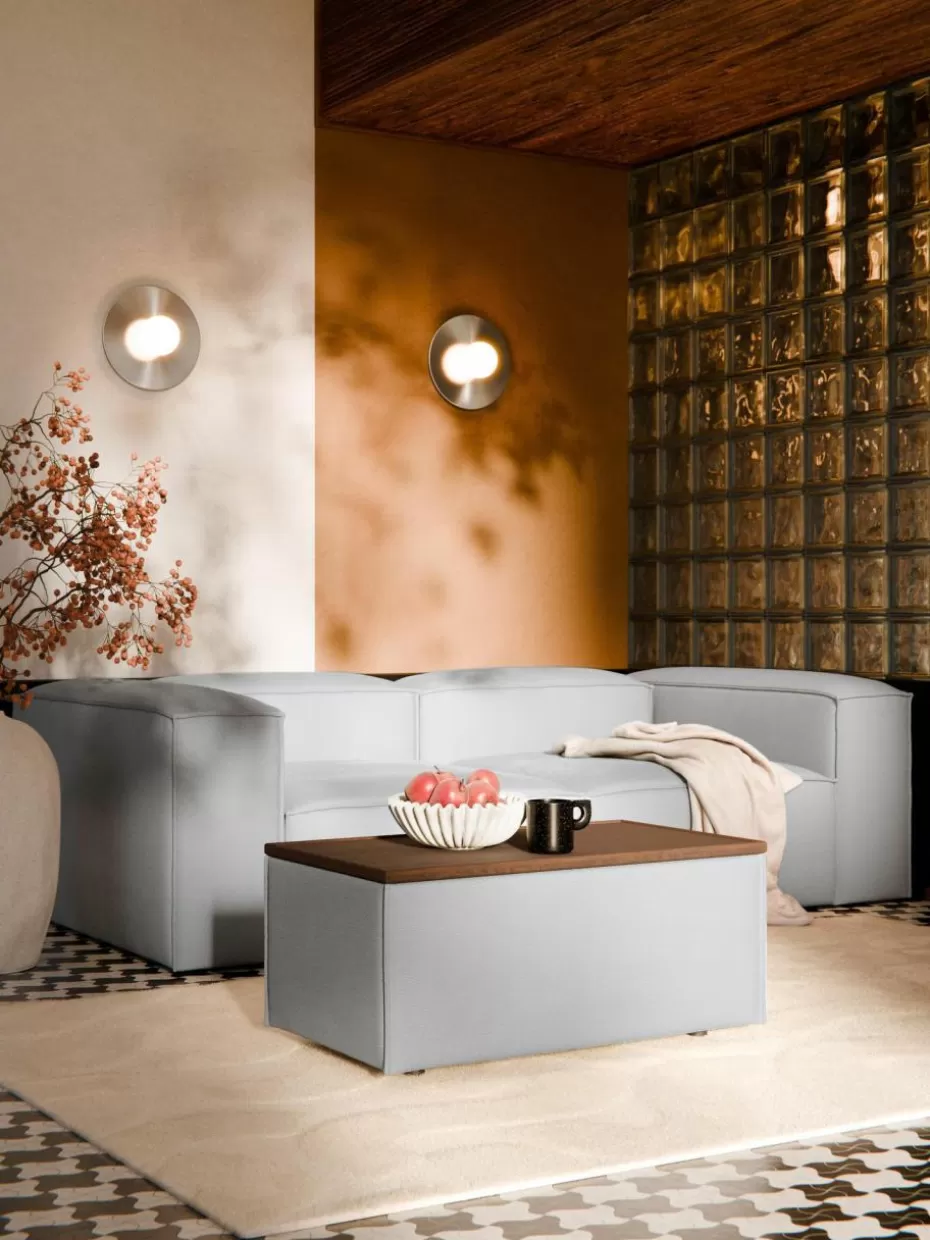 Hocker | Sofaserien-Westwing Collection Sofa-Hocker Lennon mit Stauraum Webstoff Grau, dunkles Eichenholz