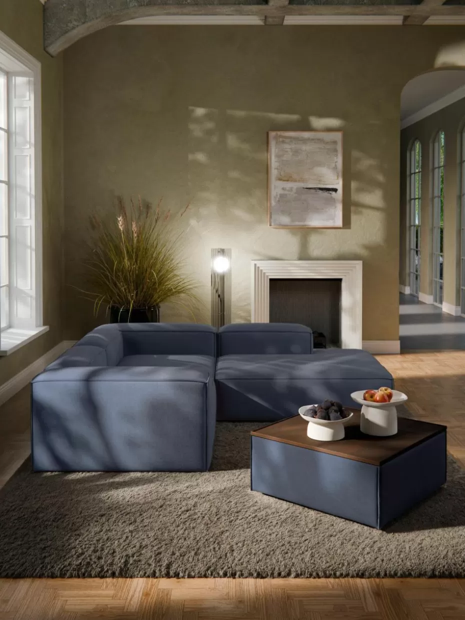 Hocker | Sofaserien-Westwing Collection Sofa-Hocker Lennon mit Stauraum Webstoff Dunkelblau, dunkles Eichenholz
