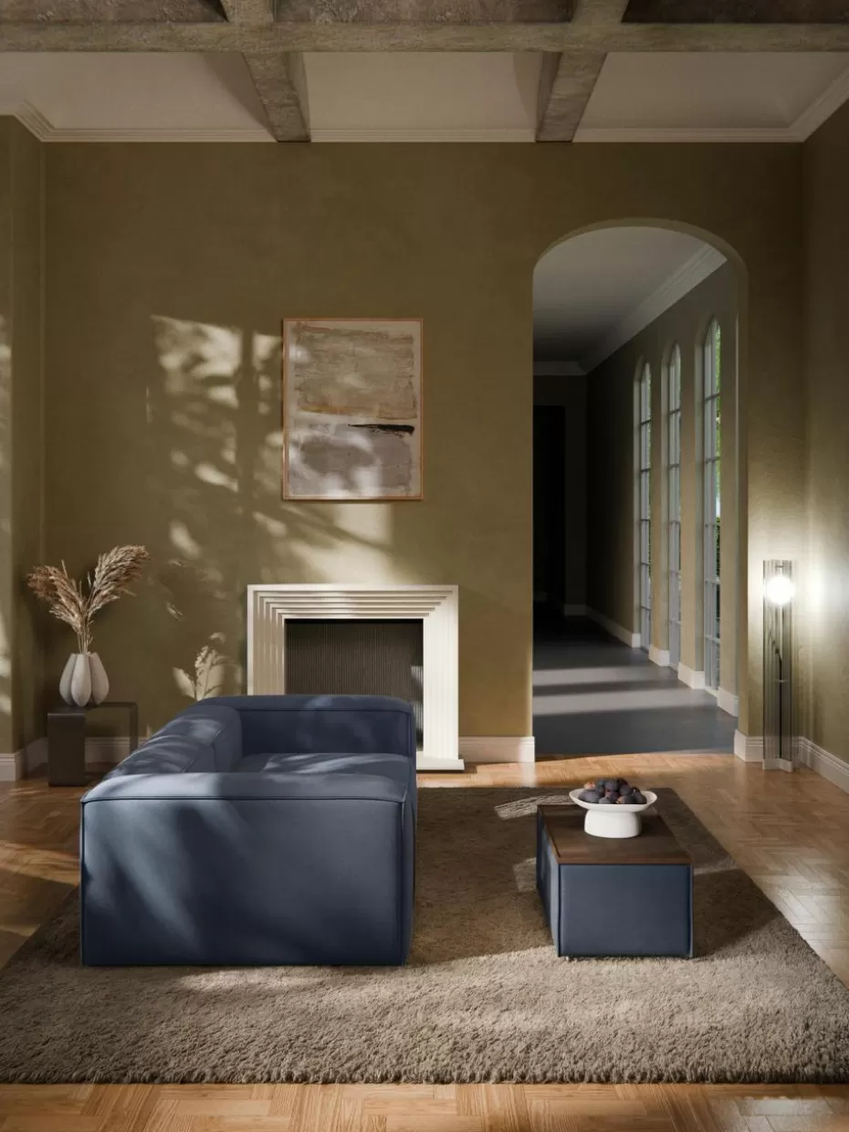 Hocker | Sofaserien-Westwing Collection Sofa-Hocker Lennon mit Stauraum Webstoff Dunkelblau, dunkles Eichenholz