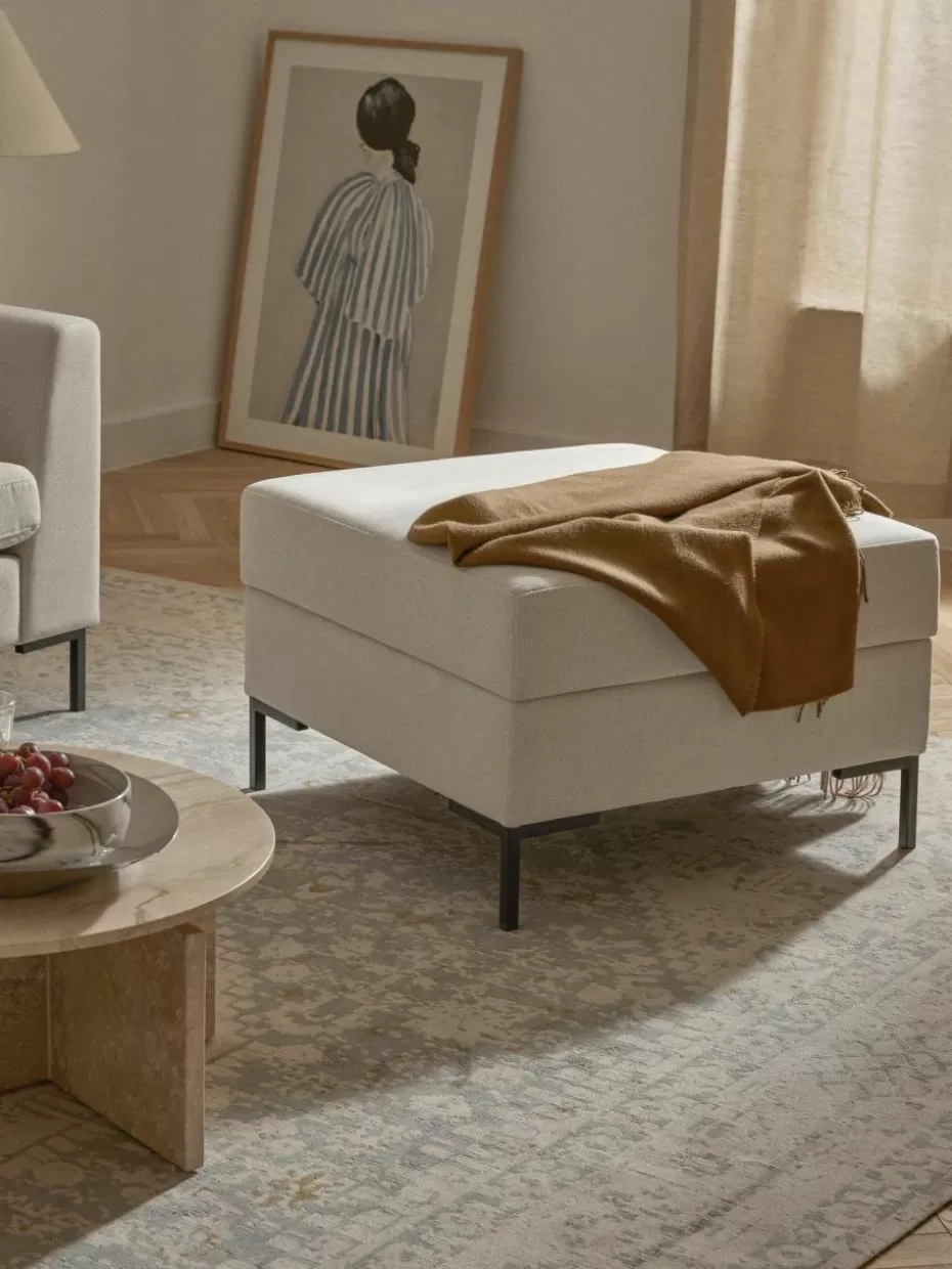 Hocker | Sofaserien-Westwing Collection Sofa-Hocker Luna mit Stauraum Webstoff Off White, Schwarz