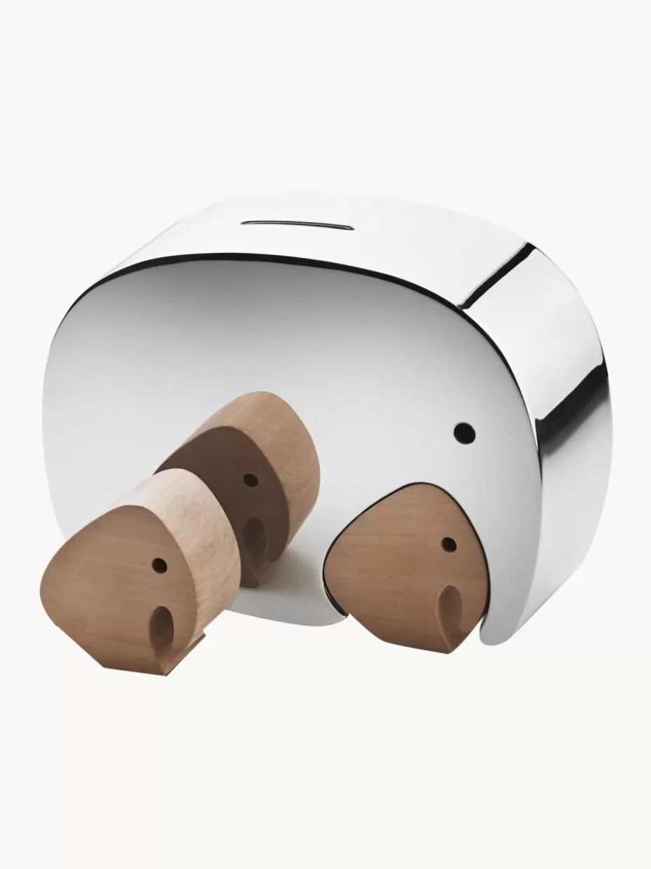 Deko-Objekte-Georg Jensen Spardose Moneyphant mit Eichenholz-Deko Helles Holz, Silberfarben