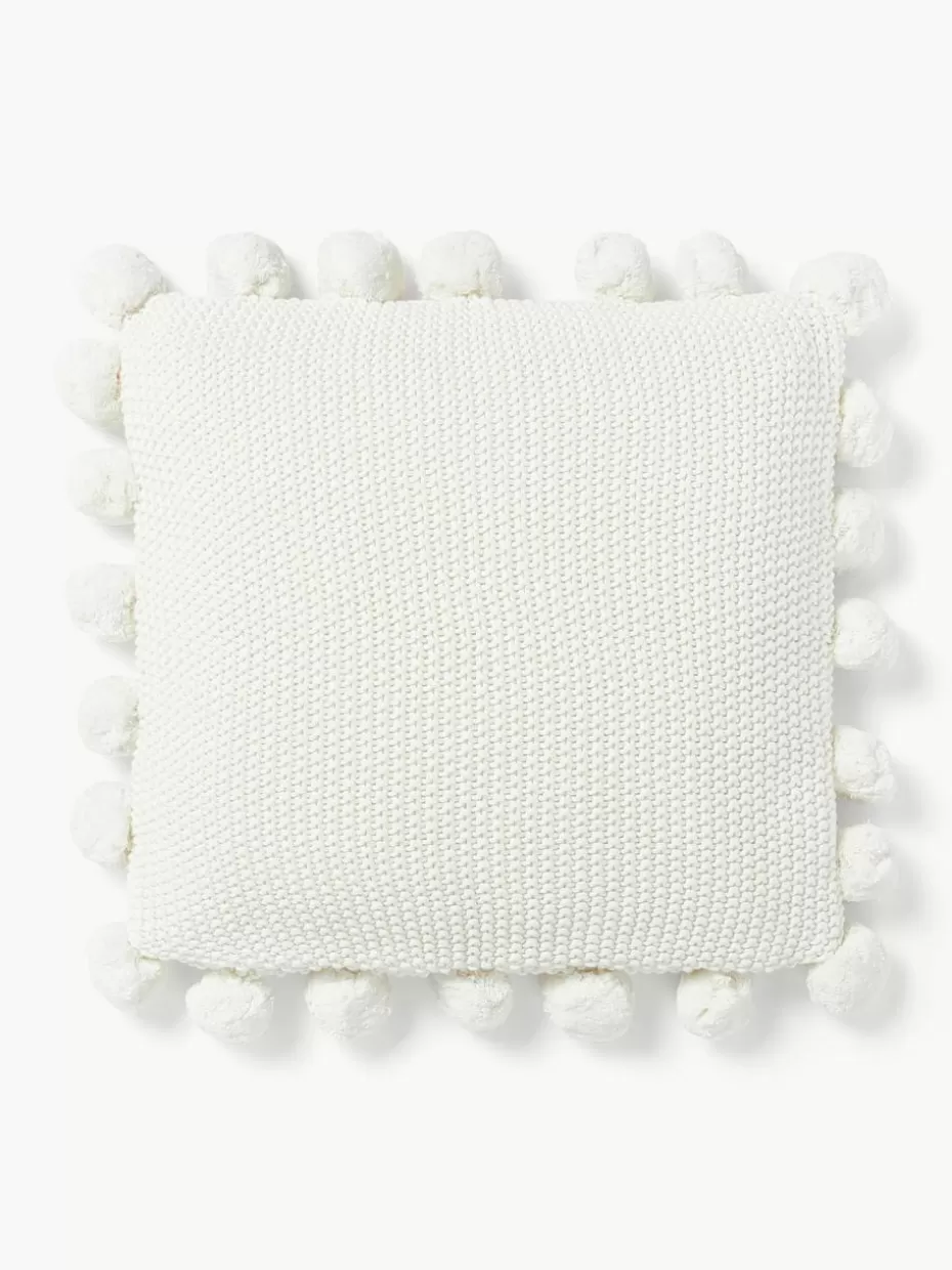 Dekokissen-Westwing Collection Strick-Kissenhülle Molly mit Pompoms Cremeweiß