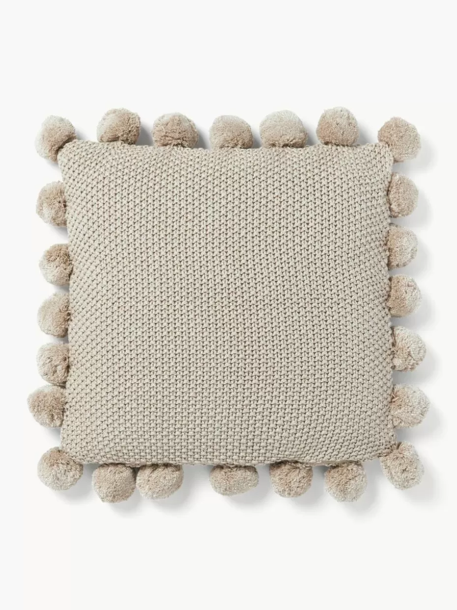 Dekokissen-Westwing Collection Strick-Kissenhülle Molly mit Pompoms Hellbeige
