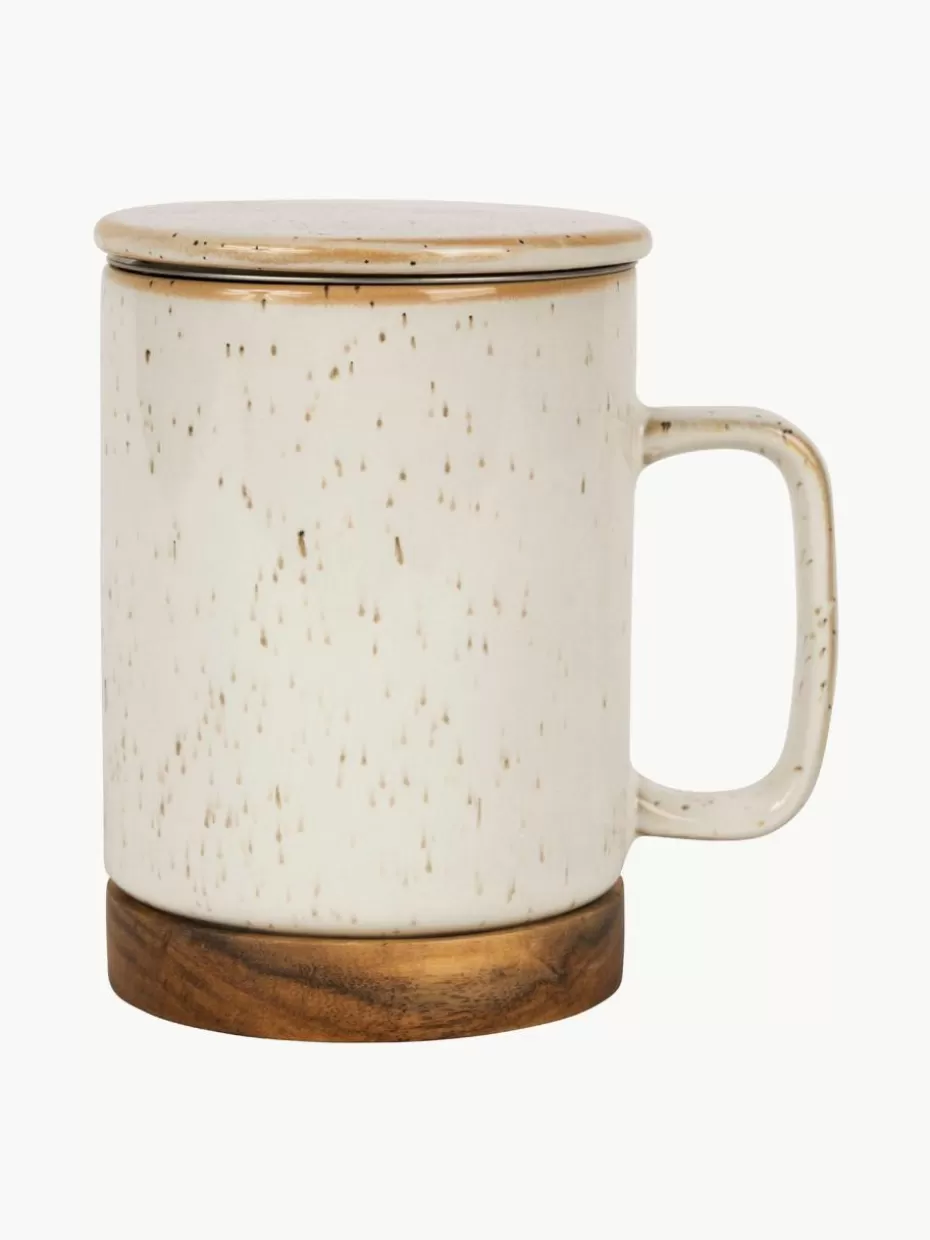 Tassen-Westwing Tasse Nordika mit Deckel und Sieb Hellbeige, gesprenkelt, Dunkles Holz