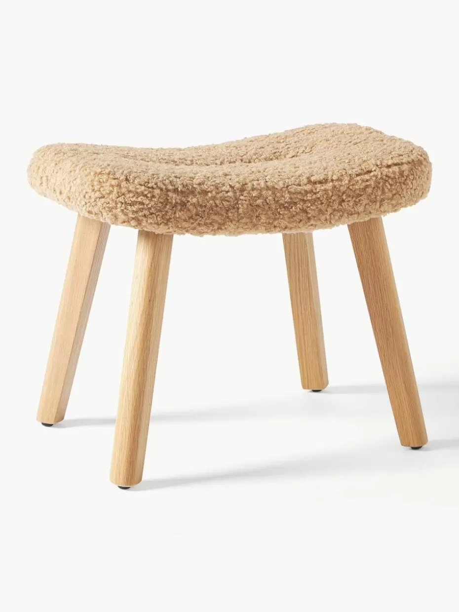 Hocker-Westwing Collection Teddy-Hocker Wing mit Holzbeinen Teddy Hellbraun, Birkenholz