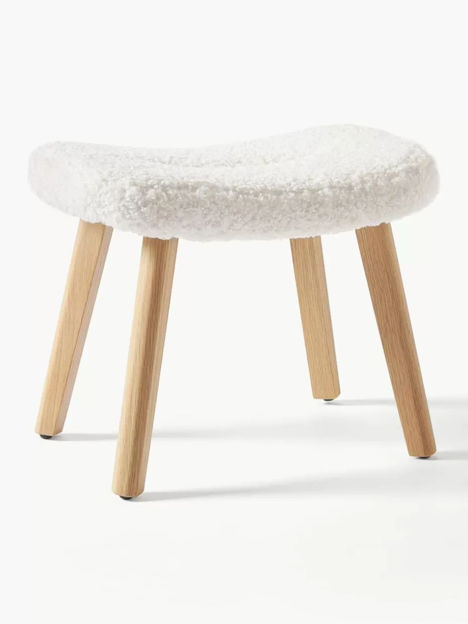Hocker-Westwing Collection Teddy-Hocker Wing mit Holzbeinen Teddy Cremeweiß, Birkenholz