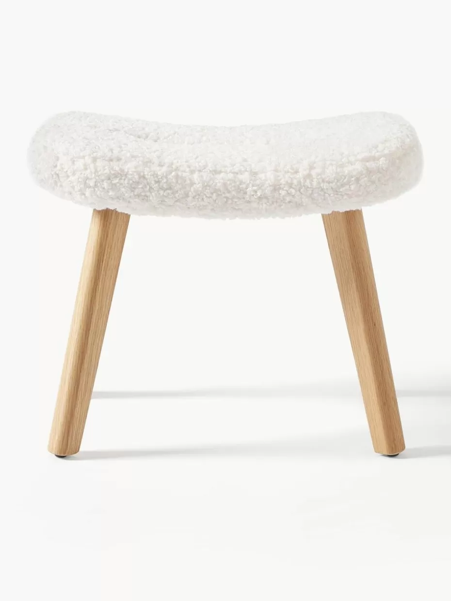 Hocker-Westwing Collection Teddy-Hocker Wing mit Holzbeinen Teddy Cremeweiß, Birkenholz