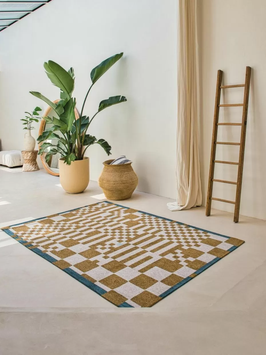 Rechteckige Teppiche-Louis de Poortere Teppich Honey mit grafischem Muster Ocker, Off White, Blau