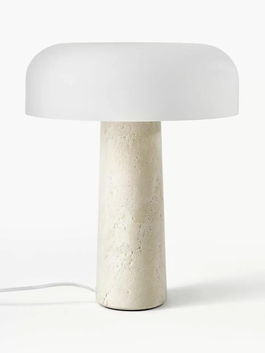 Nachttischlampen-Westwing Collection Tischlampe Carla mit Travertinfuß Weiß, Beige, Travertin