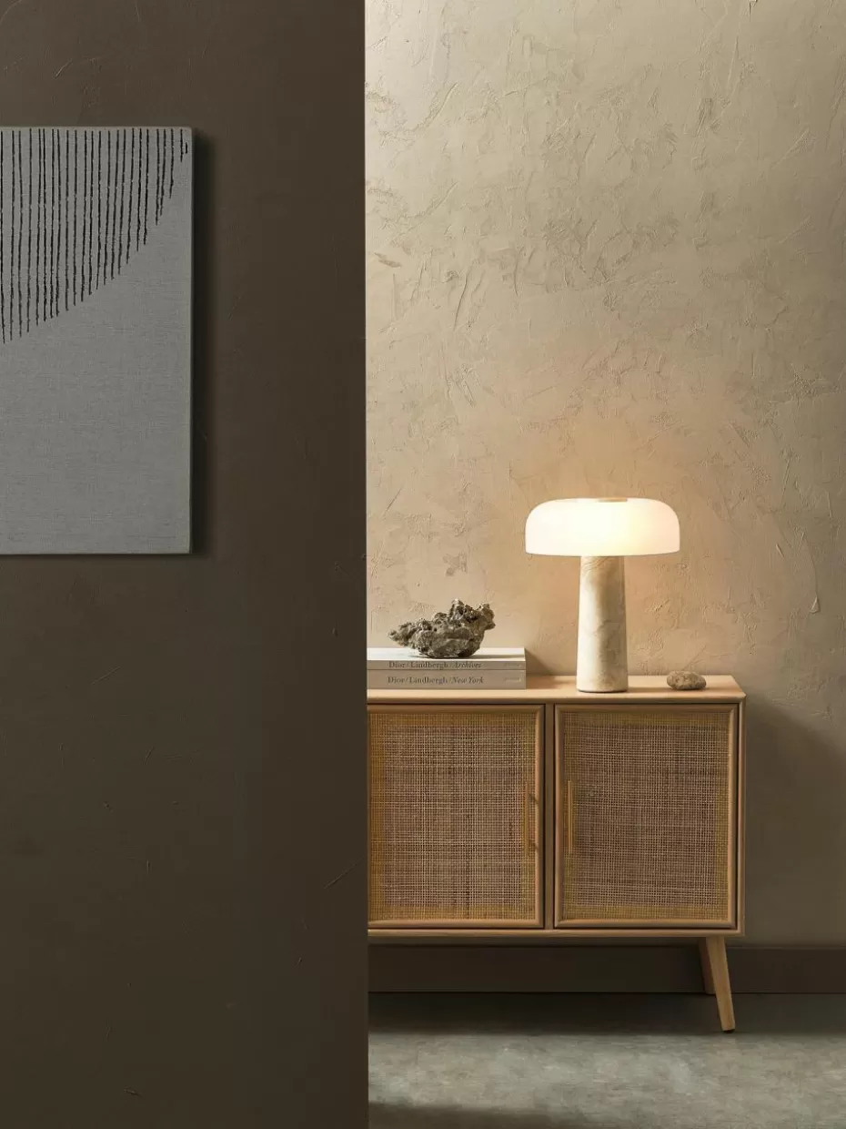 Nachttischlampen-Westwing Collection Tischlampe Carla mit Travertinfuß Weiß, Beige, Travertin